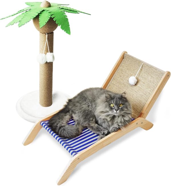 Cat Hammock with Coconut Palm Tree Scratching Post, Cozy Beach Chair Elevated Cat Beds, Original Cat Lounger for Indoor Cats