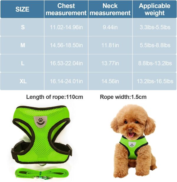 Dog Walking Chest Harness and Leash, Anti-Escape Adjustable Soft Mesh Dog Leash and Harness Set for Small Dog and Puppies, Vest for Medium Sized Dogs (Green, S) - Image 2