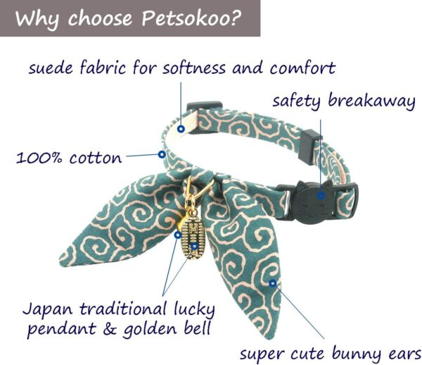 PetSoKoo Bunny Ears Cat Collar, Japan Lucky ‘開三運’ Charm. Safety Breakaway Bowtie Kitten Collar with Bell, Light Blue - Image 2