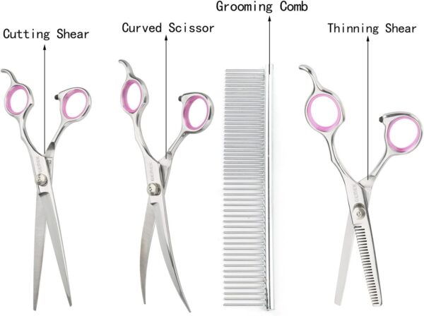 GEMEK Pet Cat Dog Grooming Scissors Set 4 Pieces Stainless Steel Professional Pet Trimmer Kit - 7.5 inch Straight Cutting Scissors, Thinning Shears, Curved Scissors, Grooming Combs - Image 3