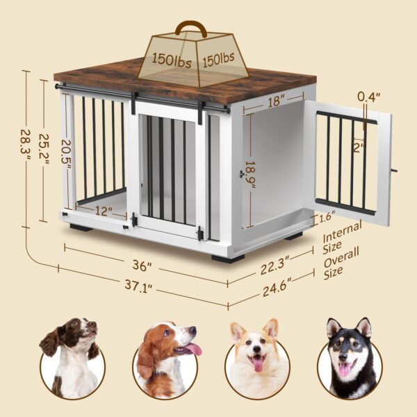 Dog Crate Furniture for Large Dogs Up to 60 lbs. - Barn Door Puppy Kennel w/Thickened Farmhouse Top & Metal Bars - 37'' Wide - White Decorative Modern Dog Crate Table, End Table, Nightstand - Image 6