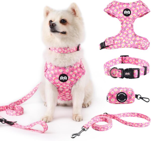 QQPETS Dog Harness Collar Leash with Poop Bag Holder 4 PCS Set, Adjustable No Pull Soft Mesh Padded Vest for Small Medium Large Pet Puppy Outdoor Walking (Daisy Pink, S (Chest 16.1”-22”))