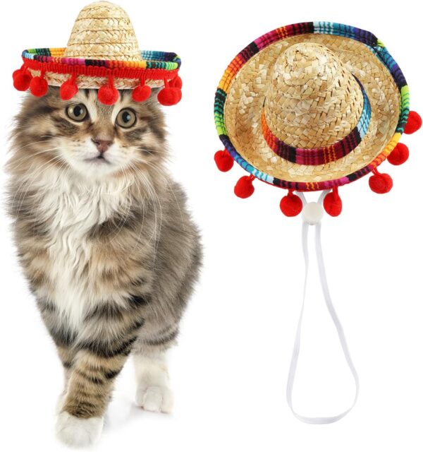 Sombrero Cat Hat for Cats Mexican Fiesta, Mini Mexican Sombrero Hat for Cinco de Mayo Party Supplies Funny Mexican Style Hat Headwear for Small Pet Puppy Cat Costume Cute Sombrero for Cats