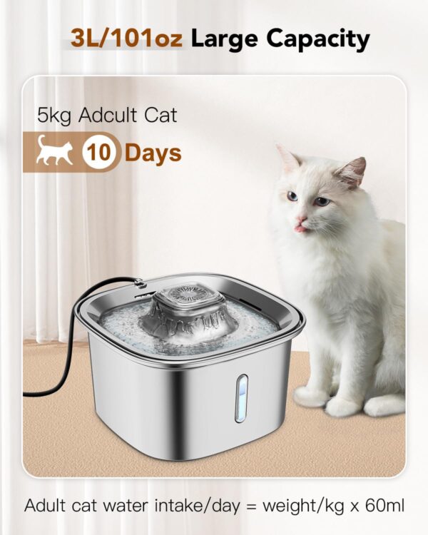 UPSKY Cat Water Fountain Stainless Steel 101oz/3L Cat Fountain for Drinking, Pet Water Fountain for Cats Indoor, Metal Automatic Dog Water Bowl Dispenser Kitty Feeding with Water Level Window - Image 3