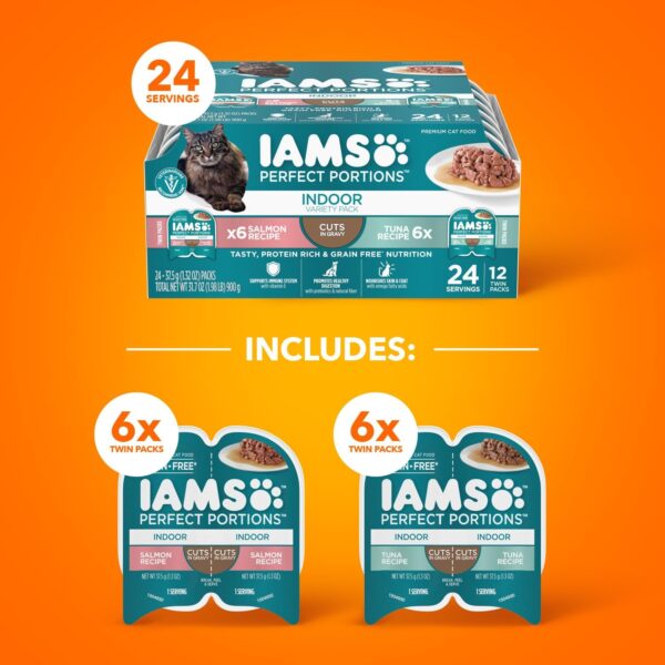 IAMS Perfect Portions Indoor Wet Cat Food with Salmon and Tuna Recipe Variety Pack, Easy Peel Twin-Pack Trays, Pack of 12 (24 Total Servings) - Image 2