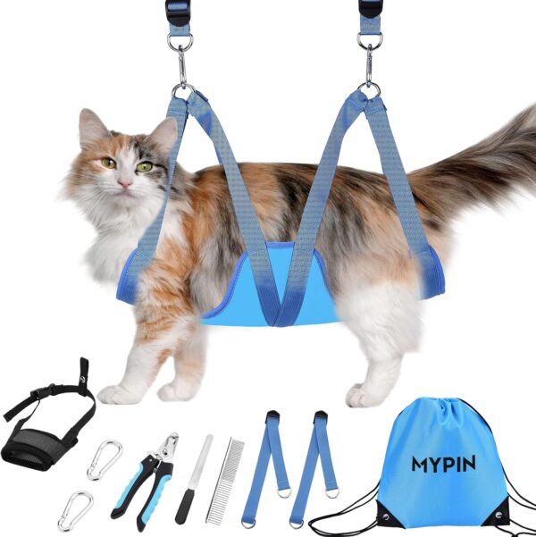 Cat Grooming Hammock, Pet Grooming Harness for Dogs&Cats, Multi Hammock Restraint Bag with Adjustable Grooming Loop/Stainless D-Hooks/Nail Clippers/Trimmer/Nail File for Pet Nail Trimming, Care (XS)