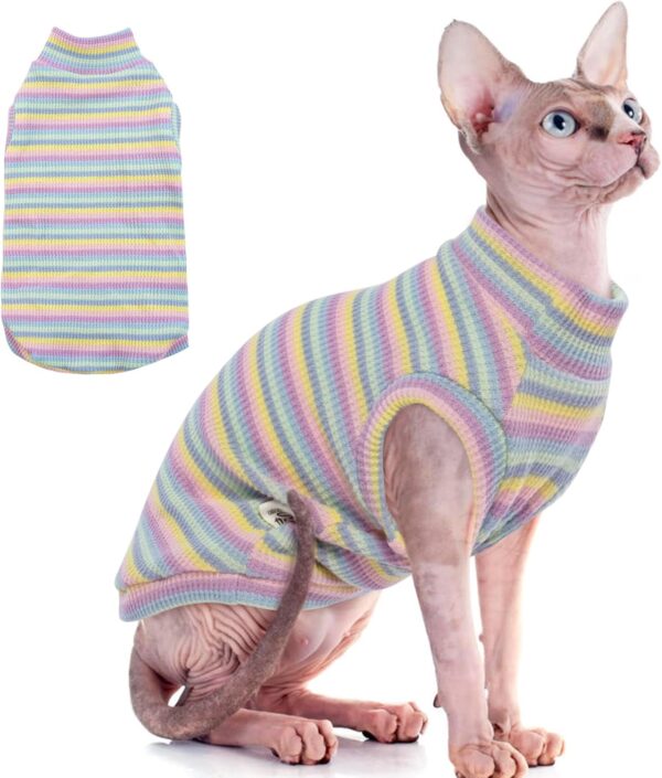 Sphynx Hairless Cats Shirt Rainbow Stripe Kitten T-Shirts with Sleeves, Cat Turtleneck Stretchy Cat Sweater, Pullover Cat Pajamas Jumpsuit, Round Collar Vest for Sphynx, Devon, Cornish Cat Clothes