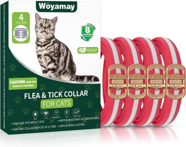 4 Pack Flea Collar for Cats, 32 Months Flea and Tick Collars for Cats, Flea and Tick Prevention for Cats Collar, Waterproof Cat Flea Collar, Adjustable Cat Flea and Tick Collar, Red & White