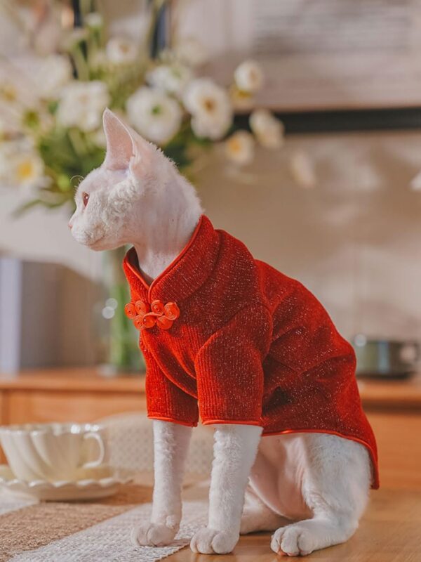 Traditional Culture Sphynx Hairless Cat Cotton T-Shirts Cat Clothes Pet Sweater Cat Vest Pet Clothes Kitten Shirts Cats & Small Dogs Apparel (Red Chi-Pao, XL (9-13 lbs)) - Image 5