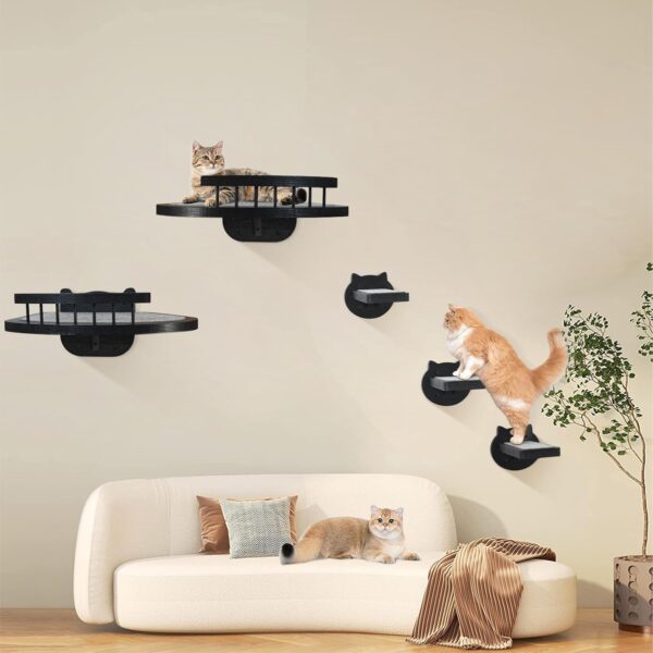 Cat Wall Furniture Wall Mounted, 2PCS Cat Shelves and Cat Perches for Wall with 3 Cat Wall Steps and Scratching Pad, Cat Climbing Condo Fit Cat Up to 15Lbs, Wood Cat Hammock Wall Mount (Black) - Image 4