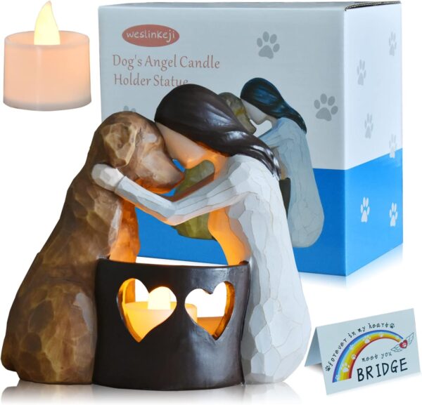 Dog Memorial Gifts，Pet Loss Gifts，Hand-Sculpted Dogs Passing Away Sympathy Gift，Remembrance Gift ，Dog Lovers Candle Holder Statue with LED Candle