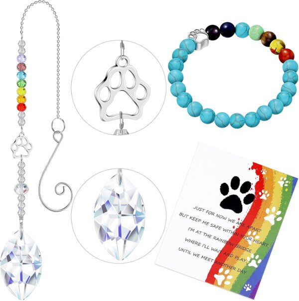 Junkin 3 Pieces Rainbow Bridge Pet Memorial Set, Includes Rainbow Bridge Bracelet with Dog Paw Bead, Pet Memorial Crystal Wind Chime, Pet Sympathy Poem Card for Women Men Kids Pet Lovers