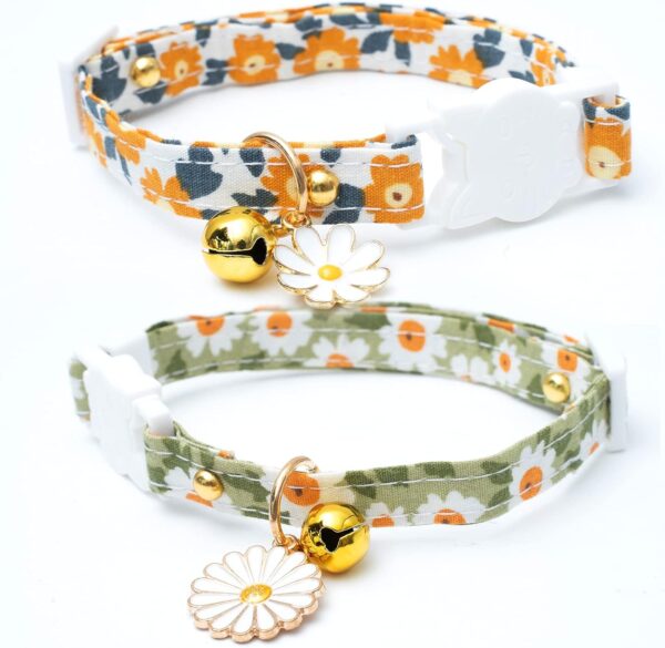 2 Pack Cotton Breakaway Cat Collars with Bell Daisy Pendant Kitty Kitten Collars Green Orange Collar for Female Girl Cats Male Boy Cats