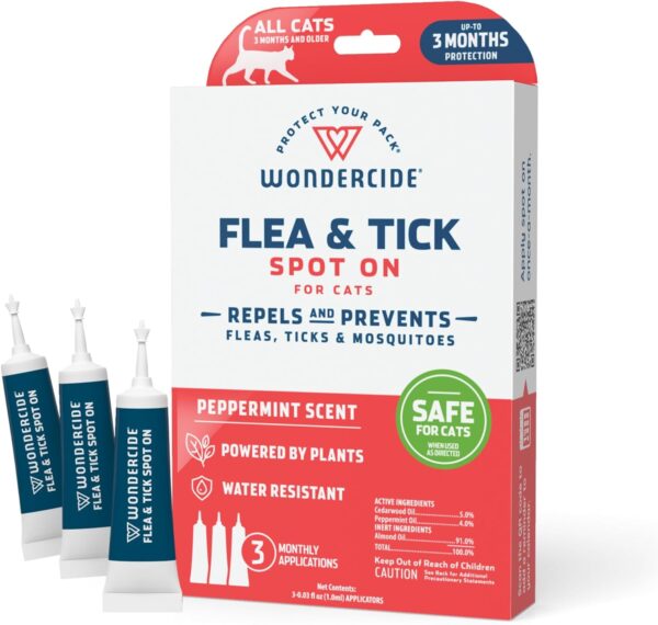 Wondercide - Flea and Tick Cat Spot On - Flea, Tick, and Mosquito Repellent, Prevention for Cats with Natural Essential Oils - Pet and Family Safe Up to 3 Months Protection - 3 Tubes of 0.03 oz