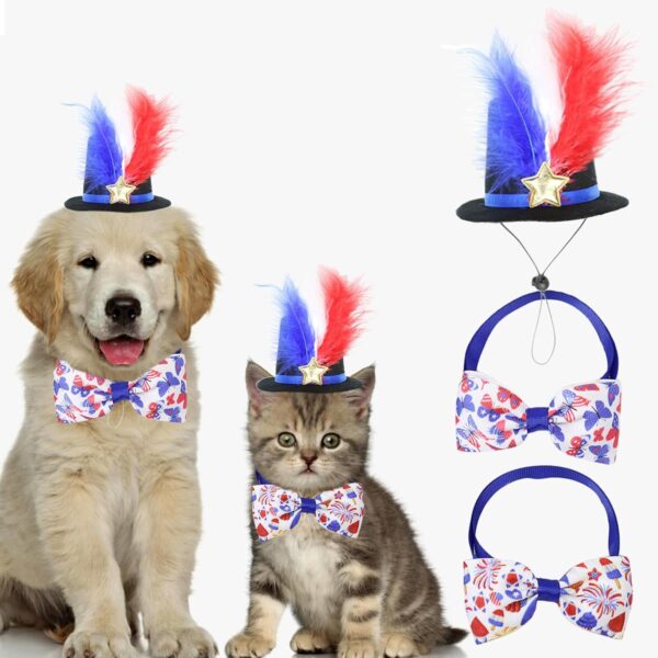 Pet Hat 2 Pcs Independence Day Dog Bow Ties Dog Hat 4th of July Feather Cat Cap Adjustable Pet Bow Ties Pet Hair Accessories Dress up Costume for Most Pets Wearing Patriotic Memorial Day