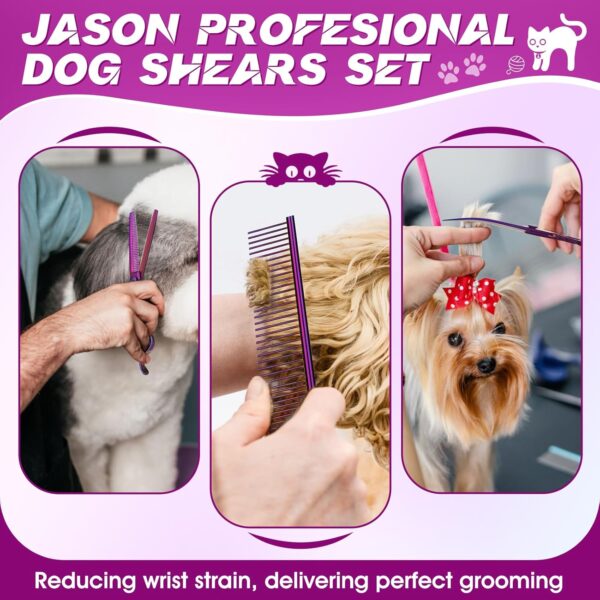 JASON Dog Grooming Scissors Set - Professional 6 in 1 Dog Shears Kit - 6.5" Thinning, 7" Straight, 7" Up-Curved, 7" Down-curved Scissors and Comb for Dog Cat Pet with Adjustable Screw (Purple) - Image 3