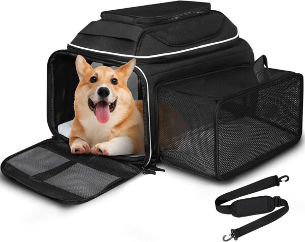 Top and Side Expandable Pet Carrier 17x13x9.5 Inches Southwest Airline Approved, Soft-Sided Carrier for Small Cats and Dogs with Locking Safety Zippers and Anti-Scratch Mesh(Black)