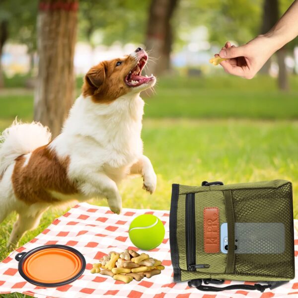 Dog Treat Training Pouch Easily Carries Pet Toys Kibble, Treats Built-in Poop Bag Dispenser 3 Ways to Wear Comes with a Foldable Silicone Bowl(Army Green) - Image 3