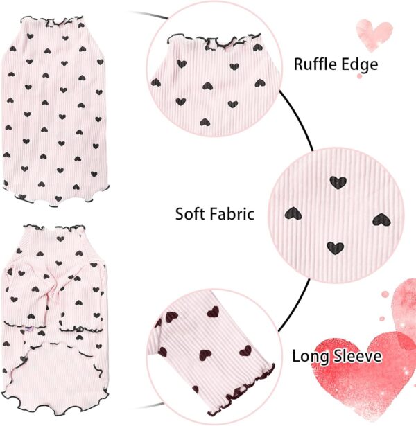 Pet Clothes for Small Dogs Cat Summer Fall Heart Print Shirt Stretchable Ruffle Long Sleeve Outfits for Chihuahua Schnauzer Shih Tzu Yorkie (Pink, Large) - Image 2