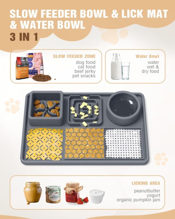 Slow Feeder Bowl, Licking Mat Water Bowl with Suction Cups,Pet Food Bowl for Medium Small Dogs Anti-Chocking Slow Feeding Interactive Bloat Stop Licking Pad for Dog/Cat Grooming Bathing and Training - Image 3