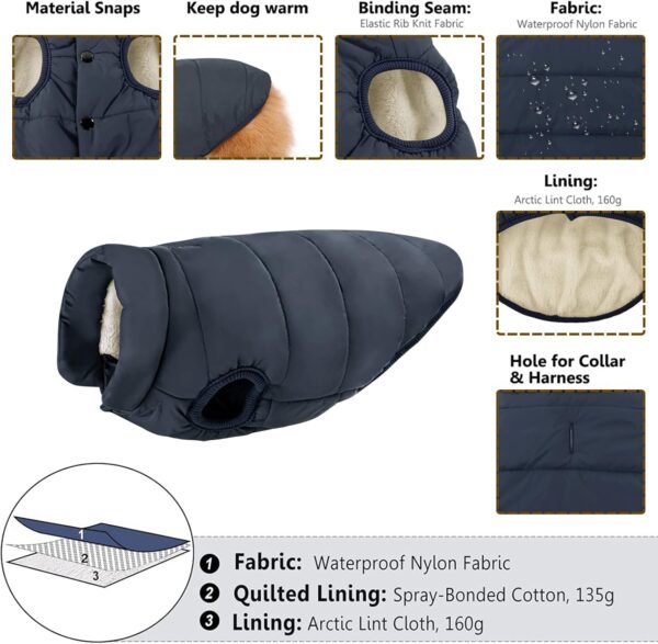 ASENKU Windproof Dog Coat Waterproof Dog Winter Jacket Warm Dog Vest Cold Weather Pet Apparel with 2 Layers Fleece Lined for Small Medium Large Dogs (M, Blue) - Image 3