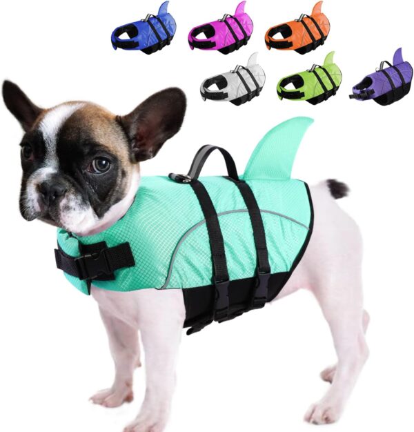 Queenmore Small Dog Shark Life Jacket,Dog Life Vest for Swimming Boating kayaking,High Buoyancy Puppy Dog Life Preserver,Reflective Light Dog Lifesaver with Strong Rescue Handle (Light Blue,XS)