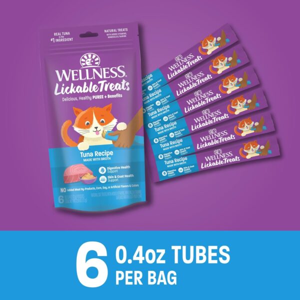 Wellness Lickable Treats Soft Puree Natural Grain Free Adult Cat Treats, Tuna Recipe, Contains 6-0.4 Ounce Squeezable Tubes - Image 2