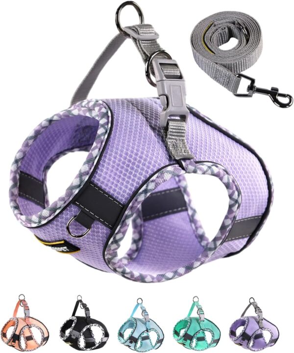 Dog Harness & Leash Set Adjustable for Small Medium Puppies, No Pull & Step in, Mesh Reflective Vest Harnesses for Walking Running Training, M Purple Edging