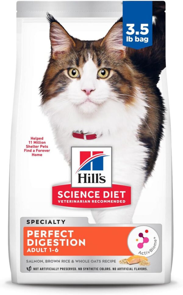 Hill's Science Diet Perfect Digestion, Adult 1-6, Digestive Support, Dry Cat Food, Salmon, Brown Rice, & Whole Oats, 3.5 lb Bag