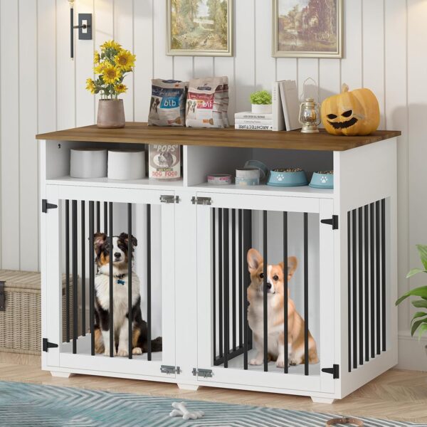 41 inch Dog Crate Furniture, Farmhouse Dog Kennel Indoor with Divider & Shelf Storage, Wooden Indoor Dog Crate for 2 dogs, Decorative Pet Crate End Table for Large Dogs, White - Image 7