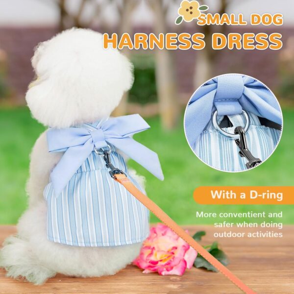 Small Dog Dress Cute Bowknot Dog Harness Dress Striped Summer Dog Clothes for Small Dogs girl Chihuahua Female Cat Yorkie Pug Birthday Outfits(Blue,S) - Image 2