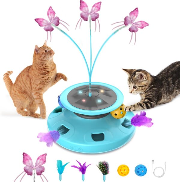 4-in-1 Interactive Cat Butterfly Toy,Automatic Ambush Feather with Track Balls,Electronic Robotic Electric Cat Toy for Indoor Cats/Kittens,USB Charging,Random Movement