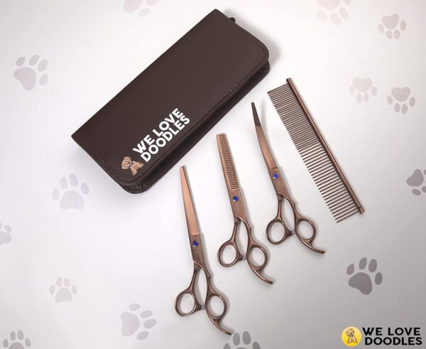 Dog Grooming Scissors Kit - Best Tools For Goldendoodles, Poodles & Doodles - Straight, Curved & Thinning Shears - Golden Doodle Grooming Kit - Professional Grade Steel, 4 Pc Set [We Love Doodles] - Image 2