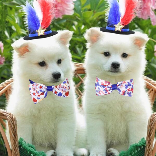 Pet Hat 2 Pcs Independence Day Dog Bow Ties Dog Hat 4th of July Feather Cat Cap Adjustable Pet Bow Ties Pet Hair Accessories Dress up Costume for Most Pets Wearing Patriotic Memorial Day - Image 3