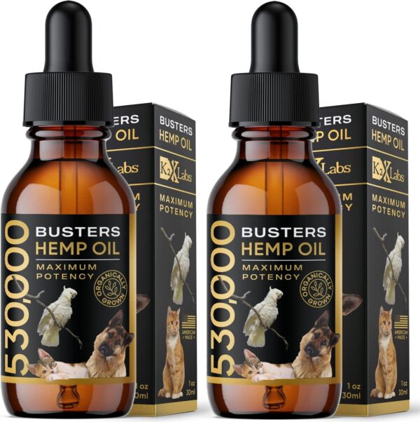 Buster's Organic Hemp Oil 530,000 2-pack 2-month supply for Dogs & Cats - Max Potency - Made in USA - Omega Rich 3, 6 & 9 - Hip & Joint Health, Natural Relief for Pain, Separation Anxiety