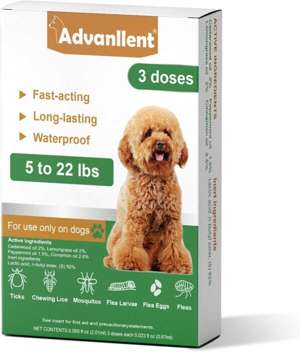 Flea and Tick Prevention for Dogs, Flea and Tick Treatment for Small Dog, Natural Essential Oil, Flea & Tick Control, 5-22 Pounds, 3 Doses