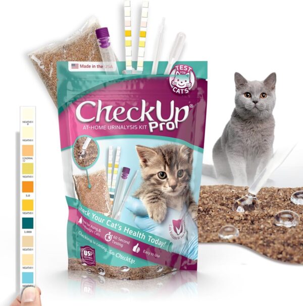 CheckUp Pro at Home Wellness Test for Cats | Hydrophobic Litter for Urine Collection & two 10 Indicators Test Strips for pH, Protein Urobilinogen, Glucose, Bilirubin, Ketone, S-Gravity, Blood in urine