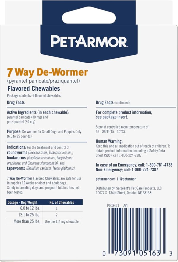 PetArmor 7 Way De-Wormer for Dogs, Oral Treatment for Tapeworm, Roundworm & Hookworm in Small Dogs & Puppies (6-25 lbs), Worm Remover (Praziquantel & Pyrantel Pamoate), 2 Flavored Chewables - Image 2