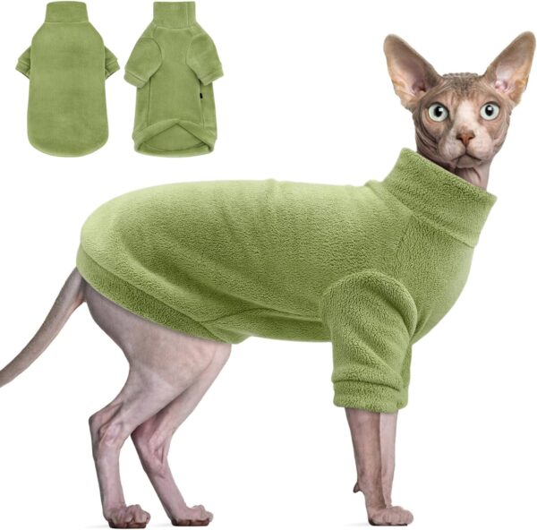 Idepet Sphynx Cats Clothes Winter,Hairless Cat Turtleneck Sweater Soft Coral Fleece Outfit Coat Warm Shirt Kitten Apparel with Sleeves Pullover Pet Winter Pajamas Jumpsuit (Green, Small)