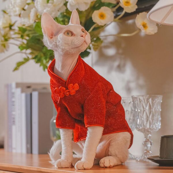 Traditional Culture Sphynx Hairless Cat Cotton T-Shirts Cat Clothes Pet Sweater Cat Vest Pet Clothes Kitten Shirts Cats & Small Dogs Apparel (Red Chi-Pao, XL (9-13 lbs)) - Image 3