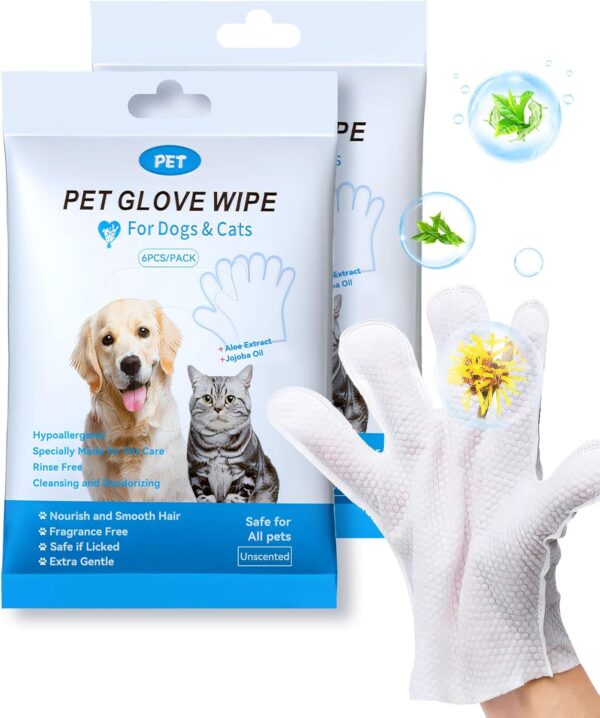 Cleaning Wipes Gloves for Dog and Cat,Pet Bathing Wipes Cleaning & Deodorizing,Dog Wipes for Body Paws Butt Daily Care,Cat Grooming Wipes Cleaning Fur Traveling Rinse Free,12PCS/2PACK