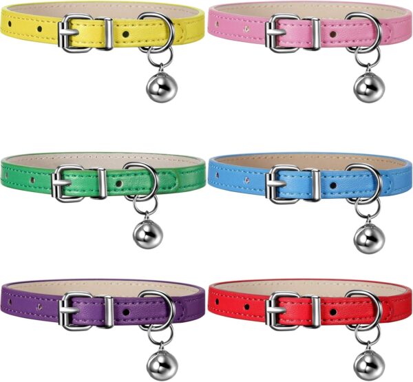 Weewooday 6 Pieces Leather Cat Collar with Bell Leather Kitten Collar Cat Collar for Boy Cats, Girl Cats with Safety Elastic Strap Cute Pet Collars for Small Cat Kitten Puppy(Bright Color)