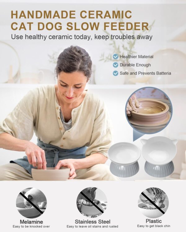 2 Ceramic Raised Cat Food Bowls, Elevated Cat Food and Water Bowl Set, Pet Bowl for Indoor Cats and Small Dogs, Anti-Vomiting Cat Dog Feeder with Plastic Base, Dishwasher Safe, Grey… - Image 2