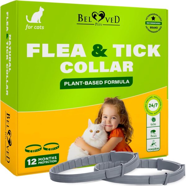 Natural Flea & Tick Collar for Cats - 12 Months Control of Best Prevention & Safe Treatment - Anti Fleas and Ticks Essential Oil Repellent (2 pack)