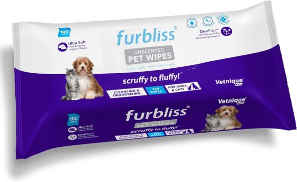 Vetnique Labs Furbliss Hygienic Pet Wipes for Dogs & Cats, Cleansing Grooming & Deodorizing Hypoallergenic Thick Wipes with All Natural Deoplex Deodorizer (Unscented, 100ct Pouch)