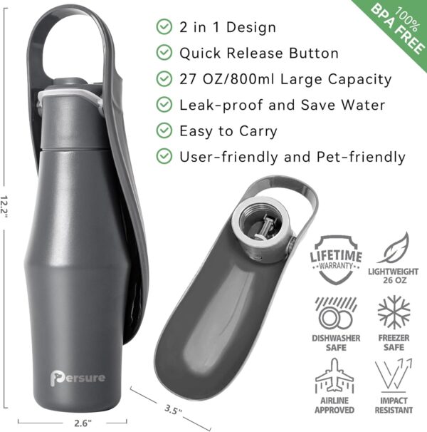 Dog Water Bottle, Portable Dog Water Bottle Dispenser - 27 OZ Stainless Steel Leak-Proof Water Bottle for Dogs On The Go, Perfect for Travel, Walking, Hiking and Outdoor Activities, Whole Grey - Image 3