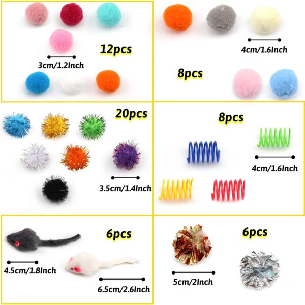 60 Packs Cat Toys Balls Set Spiral Springs Assorted, Kitten Ball Toys Assortments, Sparkle Ball, Cat Mouse Toy, Cat Crinkle Balls, Cat Springs, Furry Cat Toys Balls Soft Pom Pom Balls - Image 2