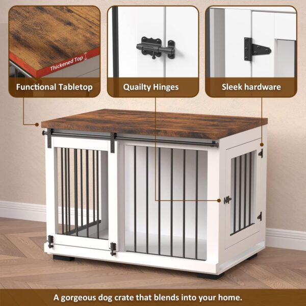 Dog Crate Furniture for Large Dogs Up to 60 lbs. - Barn Door Puppy Kennel w/Thickened Farmhouse Top & Metal Bars - 37'' Wide - White Decorative Modern Dog Crate Table, End Table, Nightstand - Image 4