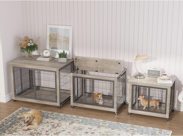 IchbinGo Dog Crate Furniture, Wooden Dog Crate Table, 43.7" Dog Kennel with 3 Doors, Flip-up Top Opening and Wheels, Decorative Pet Crate House for Large/Medium/Small Dog Indoor Use(Rustic Grey) - Image 3