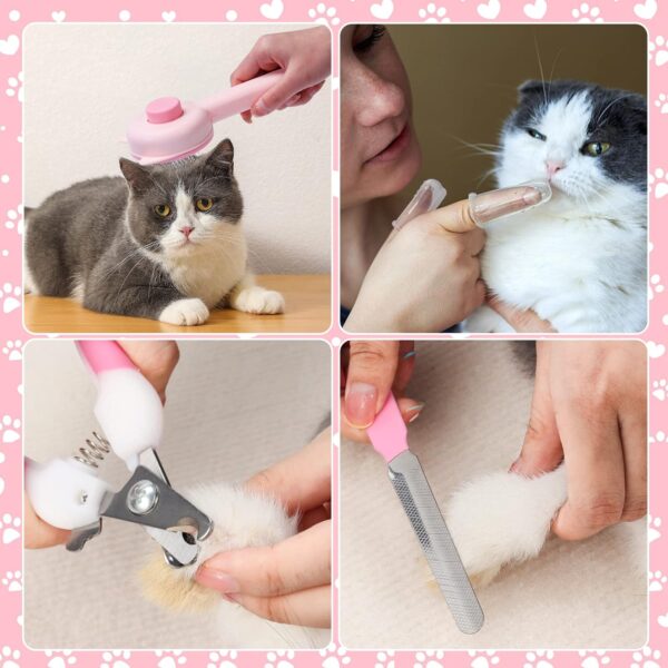 8 Pcs Cat Brush Grooming Kits, Pet Self Cleaning Kit with Pet Nail Clipper and File, Flea Comb, Pet Shampoo Bath Brush, Pet Shedding Brush, Silicone Toothbrush (Pink) - Image 3